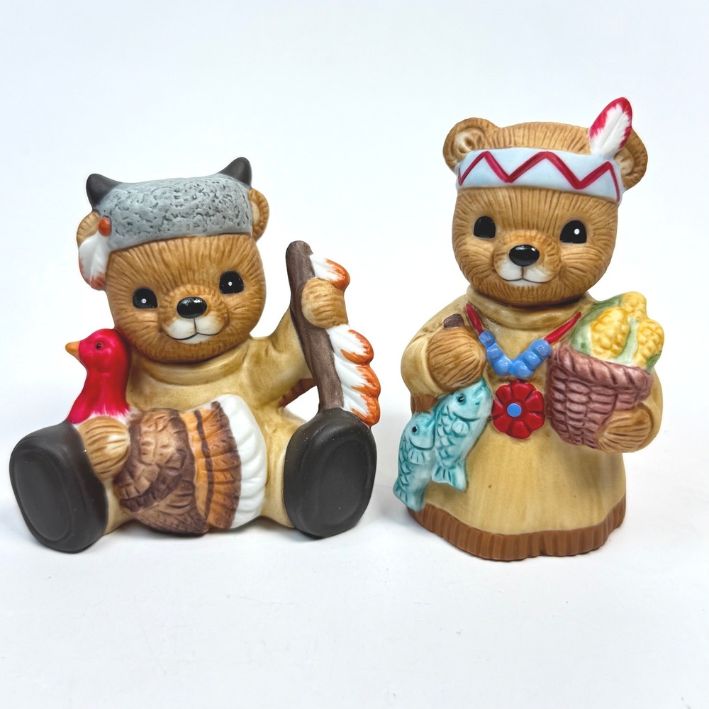 Homco Thanksgiving Bear Figurines Set 1413 Porcelain Harvest Teddy Bears 2pc